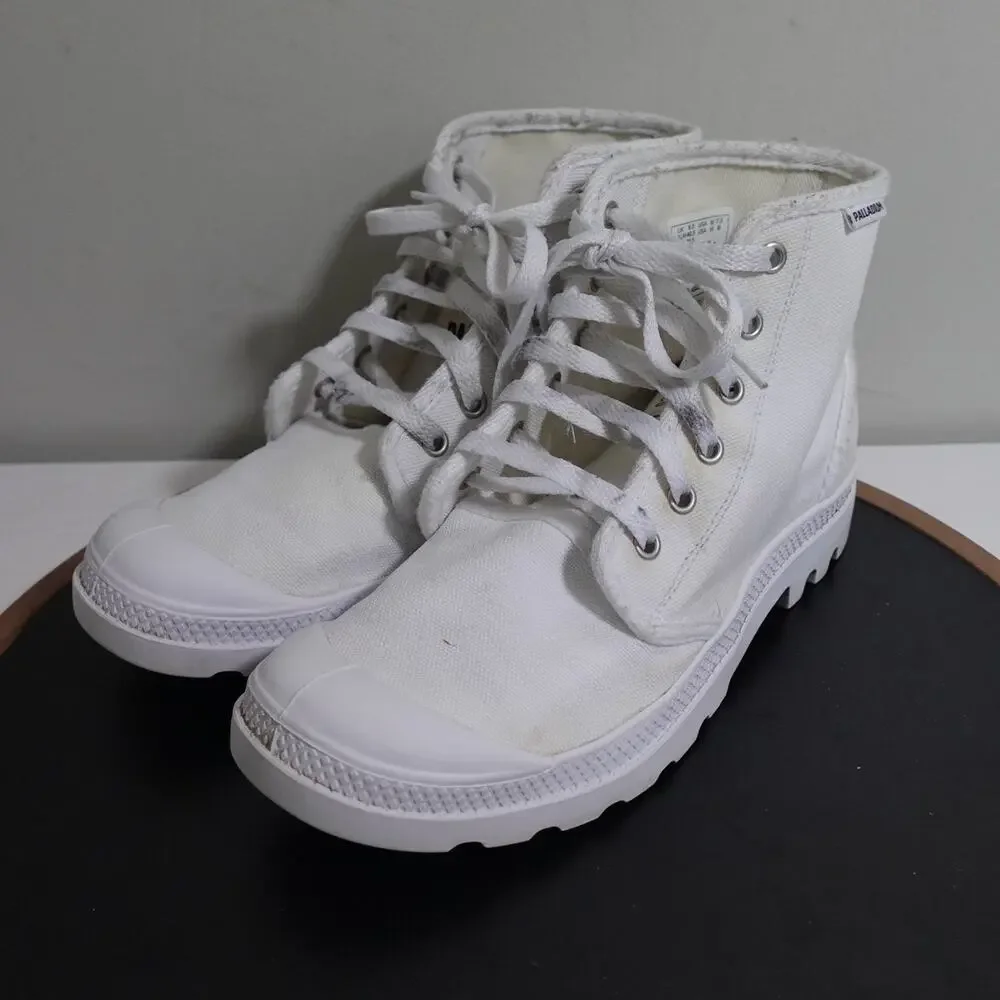Palladium Pampa Hi Boots Women 9 / Men 7.5‎ White Canvas Lace-Up Rugged Sole